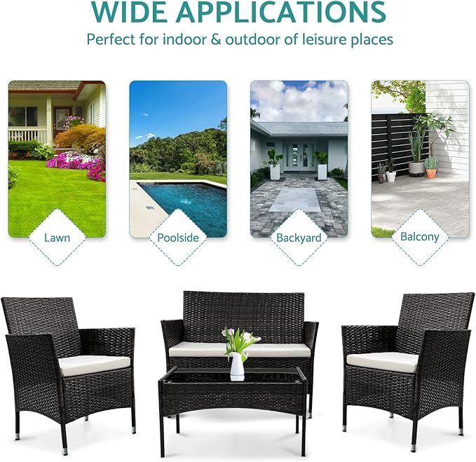 Patio Furniture, 4 Piece Conversation Set, Outdoor Wicker Rattan Table and Chairs, Sectional Sofa with Thick Cushion for Garden, Yard, or Porch, Dark Black