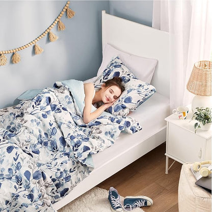 Codi Floral Twin Comforter Set for Teen Girls, Spring Lavender Bedding Sets with Soft Seersucker 2pcs - 1 Flower Comforters and 1 Pillows Case, Blue