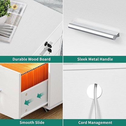 DWVO 3 Drawer File Cabinet with Charging Station, Mobile Filing Cabinet with Lock, White