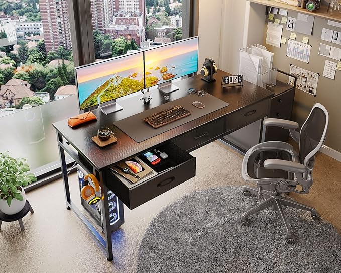 ODK 55 Inch Computer Desk with 3 Cloth Drawers for Home Office, Vanity Desk with Storage and Hook for Bedroom, Work Desk, Study Writing Table, Black