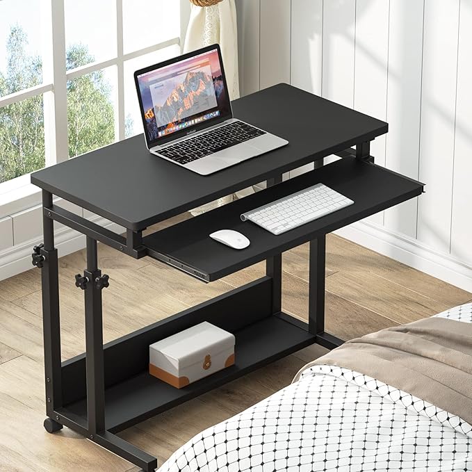 Tribesigns Portable Desk for Sofa and Bed, Height Adjustable Mobile Laptop Table Small Standing Desk Rolling Computer Cart with Keyboard Tray on Wheels for Home Office (Black)