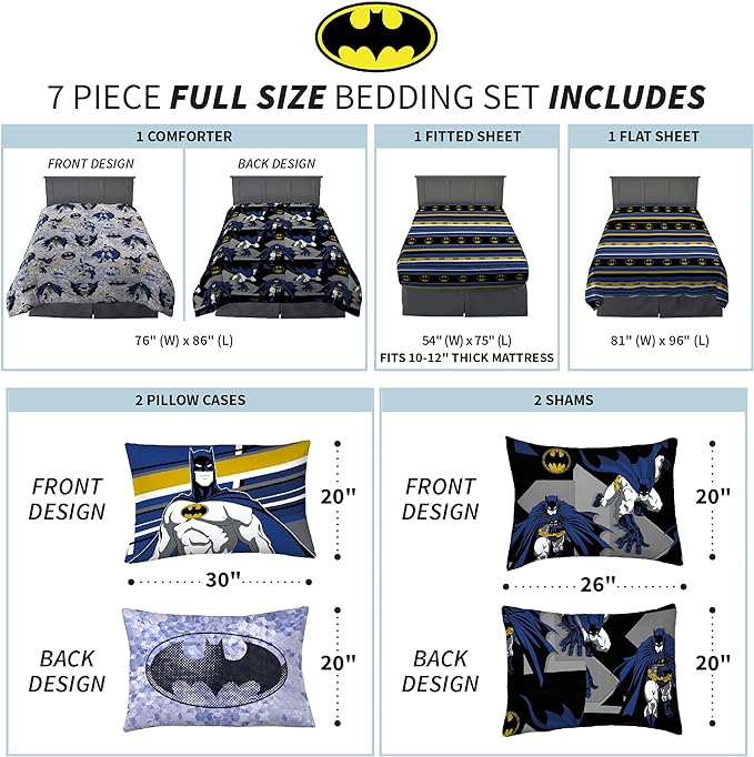 Franco Kids Bedding Super Soft Comforter and Sheet Set with Sham, 7 Piece Full Size, Batman