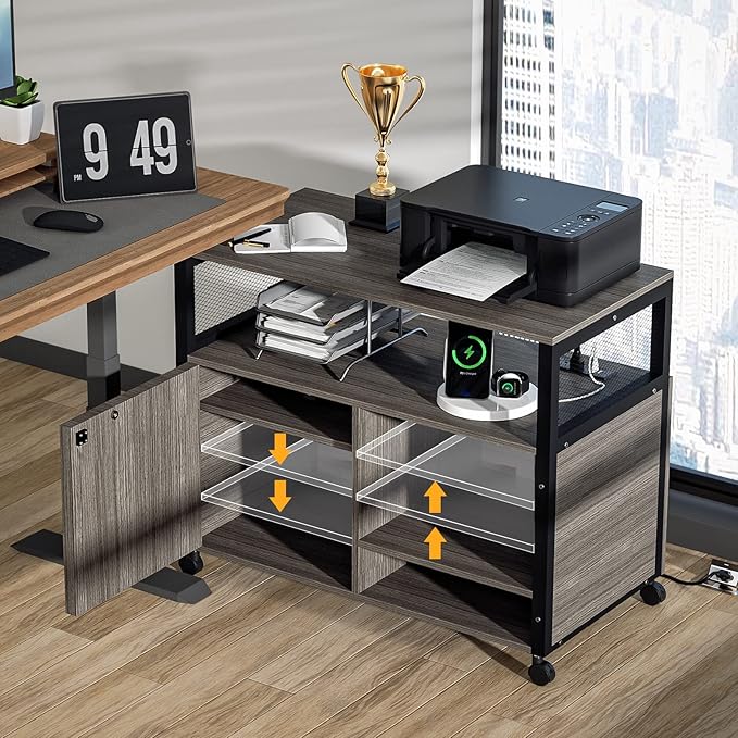 Lateral File Cabinets with Socket & USB Charging Station, Lockable Office File Cabinets Rolling Printer Stand with Open Storage Shelves for Home Office Organization & Storage