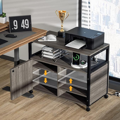 Lateral File Cabinets with Socket & USB Charging Station, Lockable Office File Cabinets Rolling Printer Stand with Open Storage Shelves for Home Office Organization & Storage