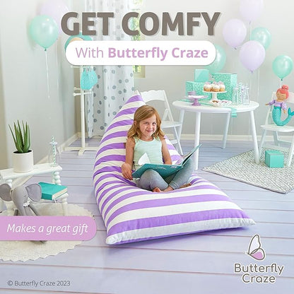 Butterfly Craze Bean Bag Chair Cover, Functional Toddler Toy Organizer, Fill with Stuffed Animals to Create a Jumbo, Comfy Floor Lounger for Boys or Girls, Stuffing Not Included, Purple Stripes