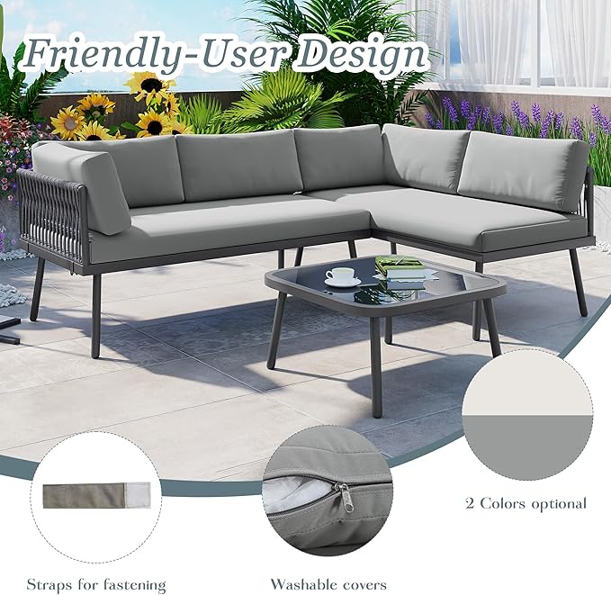 3-Piece Outdoor Patio Furniture PE Rattan Sofa Set, All Weather L-Shaped Sectional Couch with Removable Cushions and Glass Table, for Backyard Poolside Garden, Metal Frame, Onesize, Gray