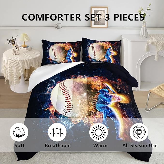 Axolotl 3D Baseball Comforter Set Queen,Sports Bedding,Red Blue Water Fire Comforter Set,Sports Baseball Loveer Bedding Set,Sport Game Comforter for Kids Boys Teens Adults,1 Quilt 2 Pillowcases