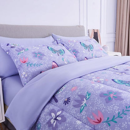 Mooreeke Bed in a Bag for Kids Girls Teens, 6 Pieces Twin Size Comforter Bed Set with Shams, Sheet Set and Decorative Toy Pillow, Butterfly Purple Super Soft Microfiber Kids Comforter Bedding Set