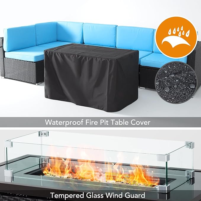 Pamapic 8 Pieces Patio Conversation Sets with fire Pit, Patio Furniture Sectional Sofa with Gas Fire Pit Table(Black Wicker,Blue Cushions)