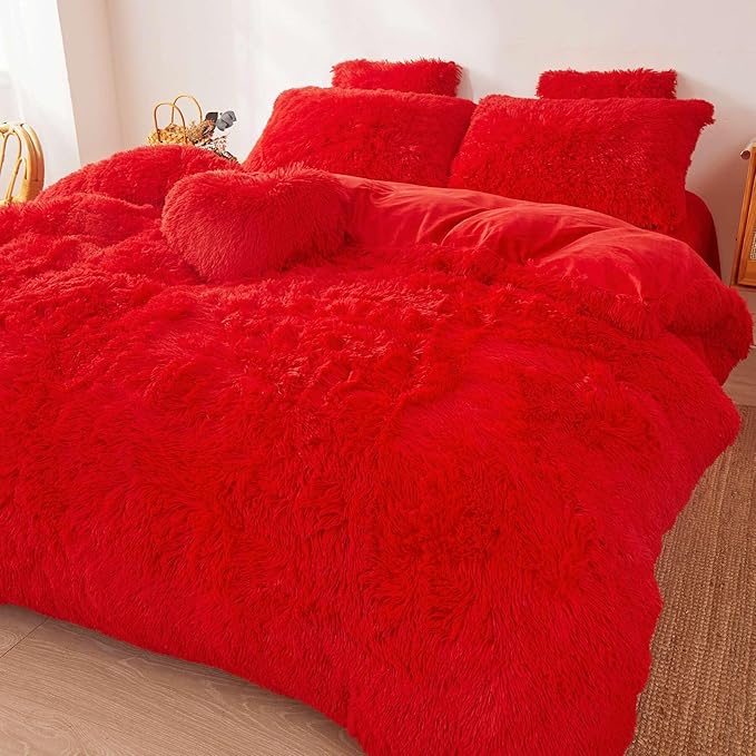 FOPPA Red fluffy Comforter Cover Set king- Ultra Soft fluffy Red Bedding Sets 3 Pieces (1 Duvet Cover + 2 Pillow case) pink fluffy bed set (Red, King)