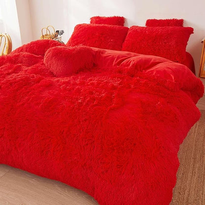 FOPPA Red fluffy Comforter Cover Set king- Ultra Soft fluffy Red Bedding Sets 3 Pieces (1 Duvet Cover + 2 Pillow case) pink fluffy bed set (Red, King)