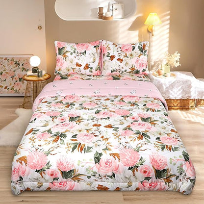 DILIMI King Size Comforter Set, 3 Pieces King Comforter Set, Reversible Pink Floral Comforter King Size, Ultra Soft and Fluffy Bedding Comforter Sets with Comforter, 2 Pillowcase
