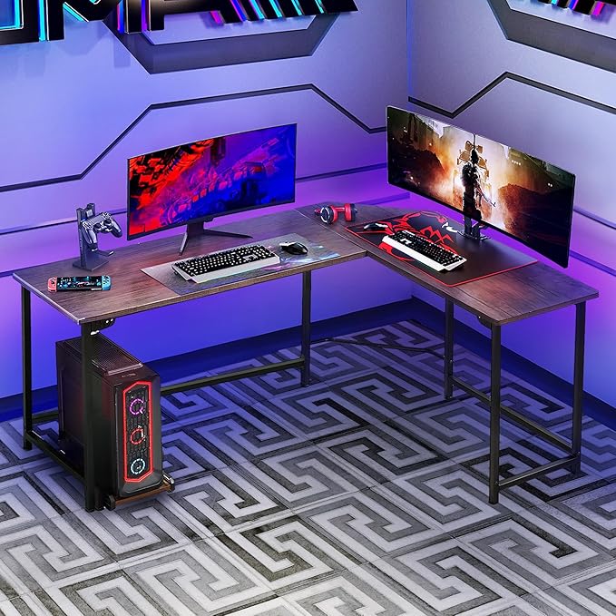 VECELO L Shaped Computer Corner Desk with CPU Stand/PC Laptop Study Writing Table for Home Office Workstation Wood & Metal, 66 in, Coffee + Black Leg
