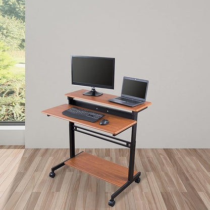 Stand Up Desk Store Rolling Adjustable Height Two Tier Standing Desk Computer Workstation (Black Frame/Teak Top, 40" Wide)