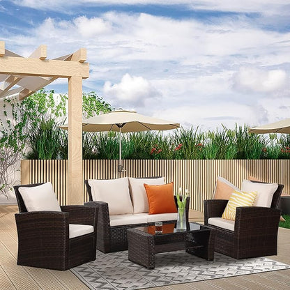 Solaste 4 Piece Patio Outdoor Furniture Sets,Patio Conversation Sofa Wicker Chair with Cushion,Hand Woven Rattan Sofa for Porch Backyard Outside Garden Lawn Yard,Brown