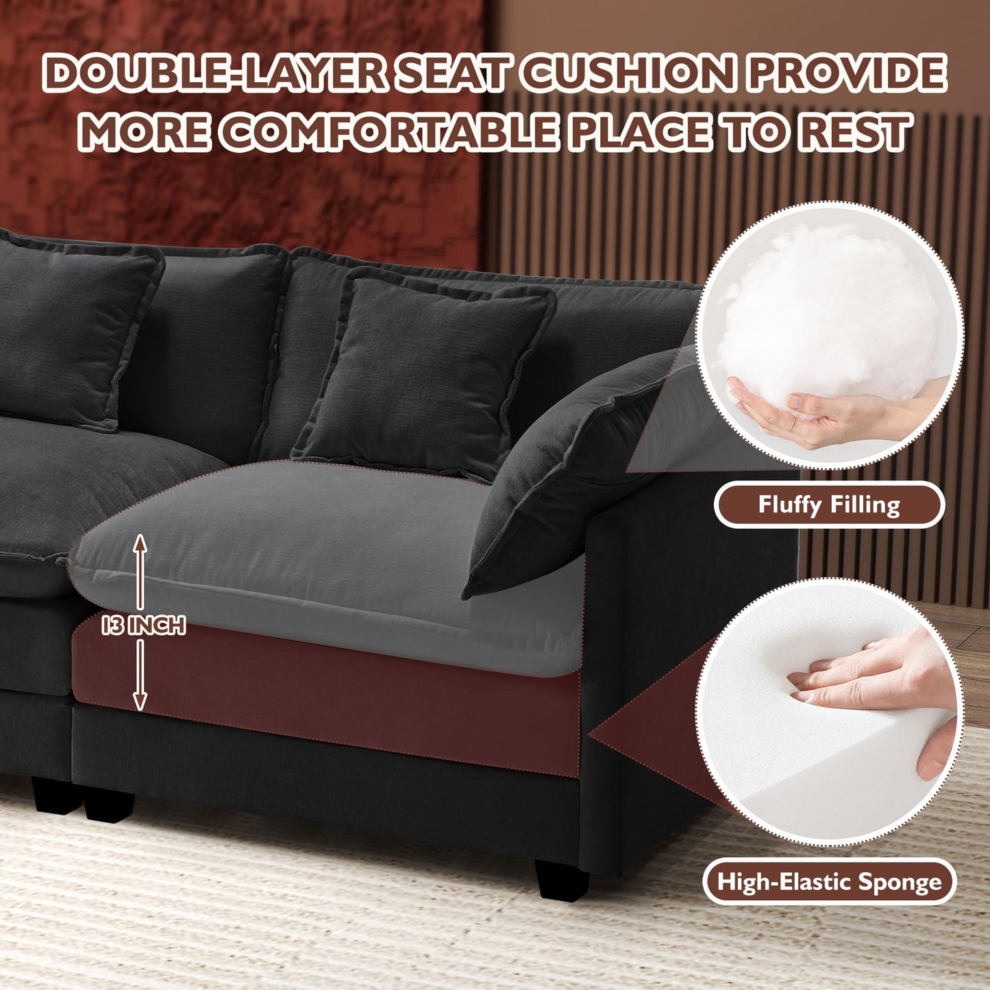 Ihanherry 111.4" L Shaped Modern Sofa Modular Sectional Cloud Couch with Ottoman, 4-Seat Chenille Deep Seat Sofa with Pillow for Living Room, Bedroom and Apartment, Beige