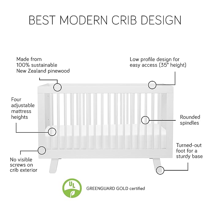 Babyletto Hudson 3-in-1 Convertible Crib with Toddler Bed Conversion Kit in White, Greenguard Gold Certified , 53.75x29.75x35 Inch (Pack of 1)