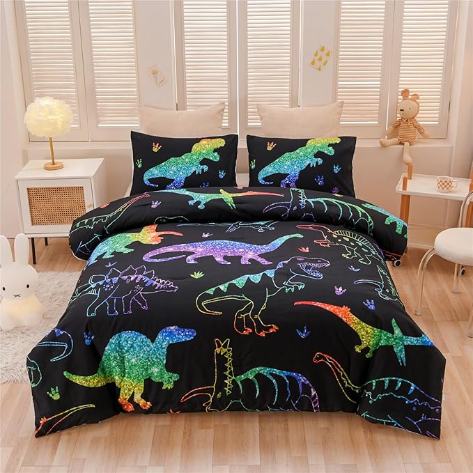 Meeting Story Dinosaur Comforter Set,Gradation Fluorescence Dinosaur Full Comforter Set, 3 PCS 1 Comforter and 2 Pillowcases in One Bag, All Season Bedspread for Kids Teens Adults（Full）