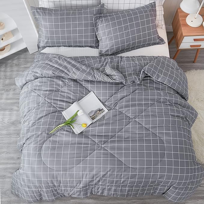 Andency Grey Grid Comforter Set Full Size (79x90 inch), 3 Pieces (1 Grey Comforter and 2 Pillowcases), Summer Lightweight Microfiber Down Alternative Bedding Comforter Sets with White Lines