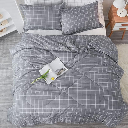 Andency Grey Grid Comforter Set Full Size (79x90 inch), 3 Pieces (1 Grey Comforter and 2 Pillowcases), Summer Lightweight Microfiber Down Alternative Bedding Comforter Sets with White Lines