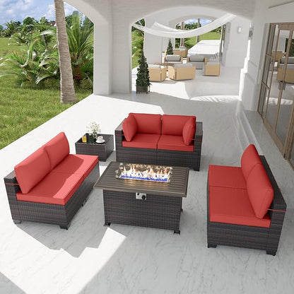 Patio Furniture Set with Fire Pit Table 8 PCS Outdoor Sectional Furniture Outdoor Rattan Patio Conversation Sets with 43in 55,000 BTU Propane Gas Fire Pit Table Glass Table, Red