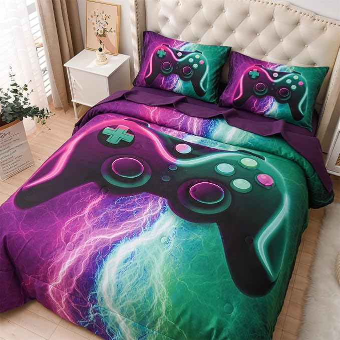Meeting Story Gamer Gaming Bedding Sets Black Pink Lightnings Gamepad Comforter Set for Boys Games Console Action Buttons Novelty Colorful Modern Room Decor Home Quilt Set (Green-Purple, Twin 5Pcs)