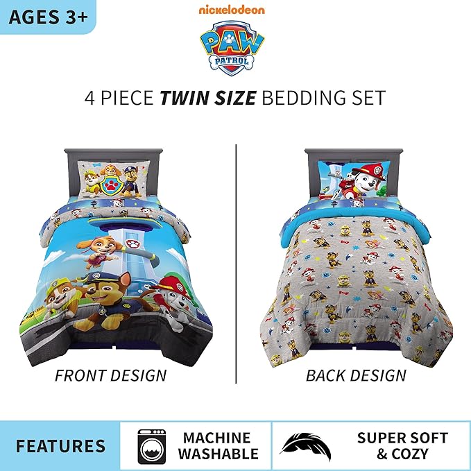 Franco Kids Bedding Super Soft Comforter and Sheet Set, 4 Piece Twin Size, Paw Patrol (Prints may vary)