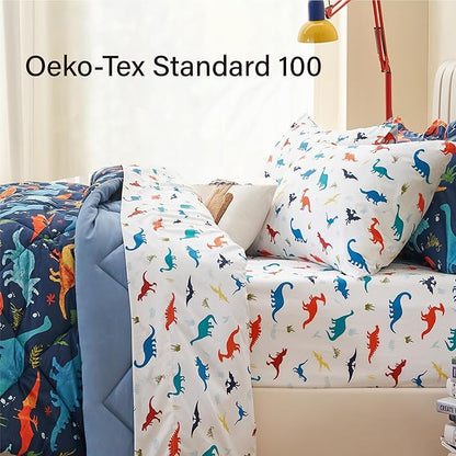 Kids Queen Dinosaur Bedding Comforter Set for Boys, 7 Pieces Queen Size Dinosaur Kids Bedding Set, Super Soft Lightweight Microfiber Comforter Set with Sheets for All Seasons