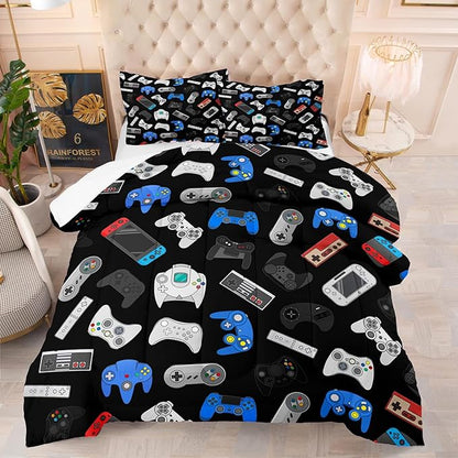 Game Bedding Set Children Boys Comforter Sets Gamepad Quilt and Pillowcase Soft Polyester Bedspread Teen Gift Blue Black White Multi Color Gamer Bed Set