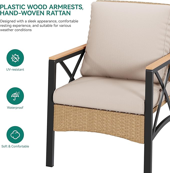 YITAHOME 4-Piece Patio Wicker Furniture Set with Wood Armrest, All Weather Rattan Conversation Furniture Sets for Backyard, Balcony, Deck w/Soft Cushions and Plastic Wood Table (Light Brown+Beige)
