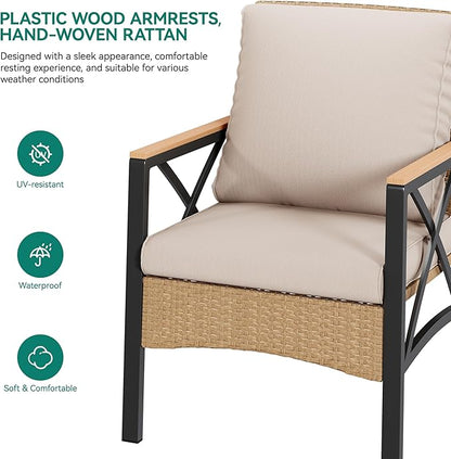 YITAHOME 4-Piece Patio Wicker Furniture Set with Wood Armrest, All Weather Rattan Conversation Furniture Sets for Backyard, Balcony, Deck w/Soft Cushions and Plastic Wood Table (Light Brown+Beige)