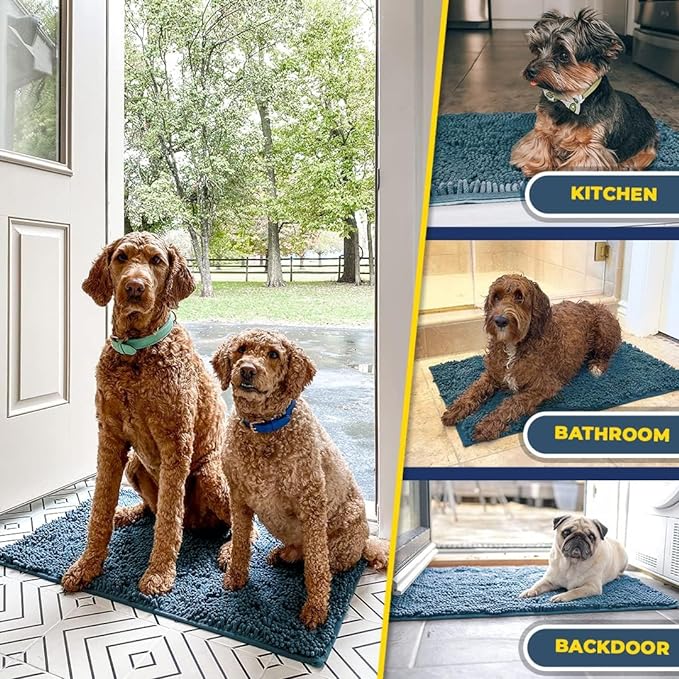 Muddy Mat® Shown on TV–Super Absorbent Microfiber Dog Door Mat for Muddy Paws, Non-Slip Washable Pet Rug, Quick Dry Chenille Entryway Carpet, Machine Washable Indoor Outdoor mat–Atlantic Blue 28"x18"