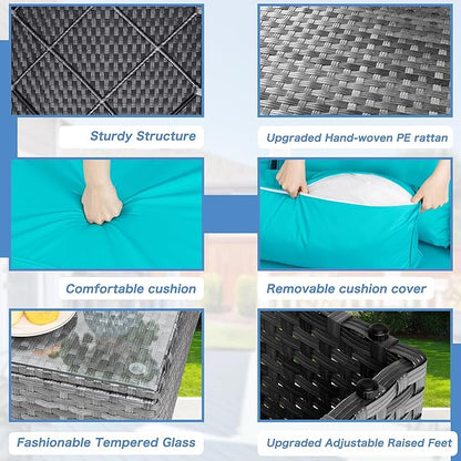 Shintenchi 5 Pieces Outdoor Patio Sectional Sofa Couch, Silver Gray PE Wicker Furniture Conversation Sets with Washable Cushions & Glass Coffee Table for Garden, Poolside, Backyard (Blue)
