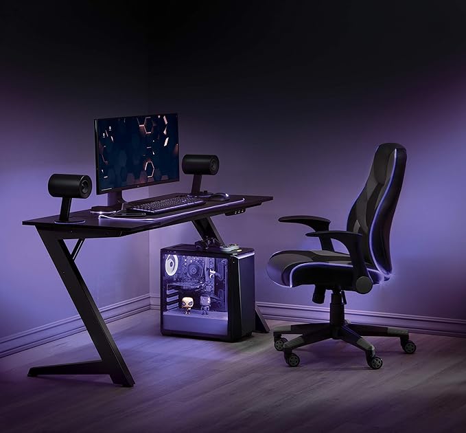 OSP Home Furnishings Beta Battlestation Gaming Desk with Bluetooth RGB LED Lights, Matte Black