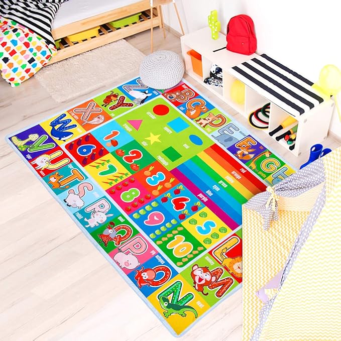Kids Educational Rug Playtime Collection ABC, Numbers and Shapes Learning Carpet Kids Play Rug Mat Playmat for Playroom Bedroom, 55.1 x 43.3 inch