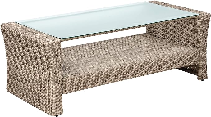 4-Piece Rattan Patio Furniture Sets, All Weather Outdoor Sectional Sofa Loveseat with Ottoman,Soft Cushions&Glass Table w/Shelf, Wicker Conversation Couch for Garden Backyard, Onesize, Gray