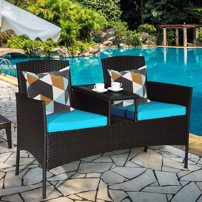 LUARANE Outdoor Rattan Sofas, Contract Patio Conversation Set Wicker Sofa Set with Built-in Coffee Table, Patio Furniture Set with Cushions, Rattan Loveseat for Lawn Backyard Garden (Brown+Blue)