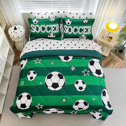 7 Piece Boys Soccer Comforter Set Full Size Bed in A Bag 3D Football Playground Sports Bedding Set for Kids Microfiber Comforter All Season Green