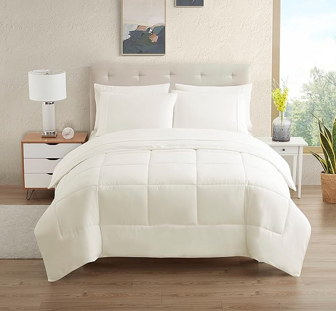 Dorm Room Essentials College Bedding Comforter Set 5 Piece Twin Size Bed in a Bag for College Students Boys and Girls, Twin, Ivory
