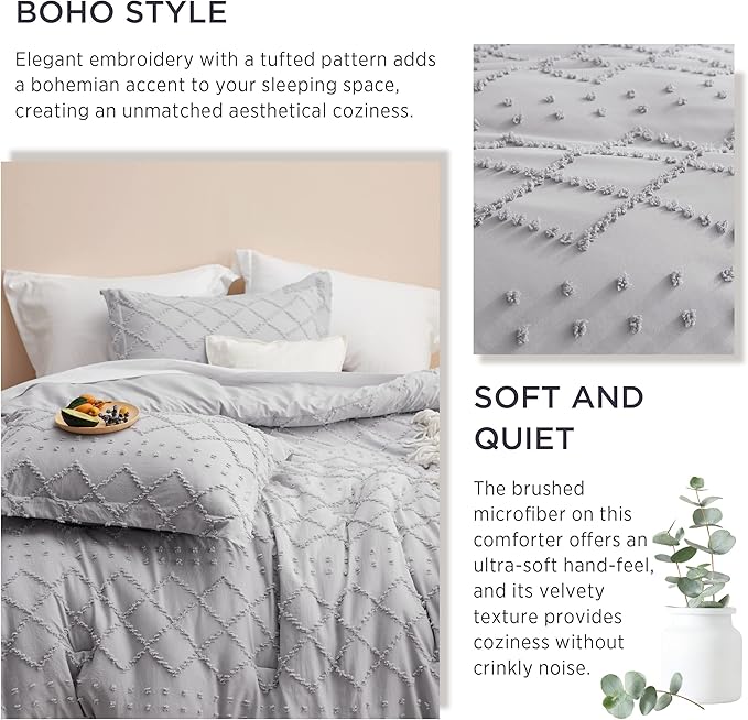 Bedsure Queen Comforter Set - Light Grey Comforter, Boho Tufted Shabby Chic Bedding Comforter Set, 3 Pieces Vintage Farmhouse Bed Set for All Seasons, Fluffy Soft Bedding Set with 2 Pillow Shams