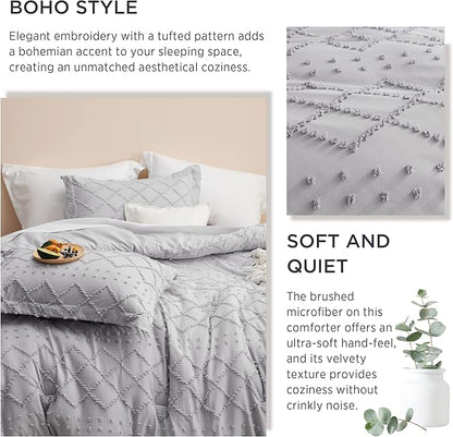 Bedsure Queen Comforter Set - Light Grey Comforter, Boho Tufted Shabby Chic Bedding Comforter Set, 3 Pieces Vintage Farmhouse Bed Set for All Seasons, Fluffy Soft Bedding Set with 2 Pillow Shams