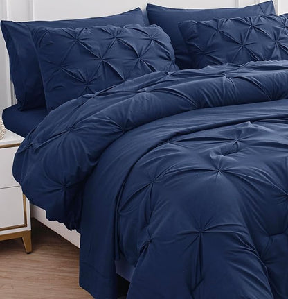 Lane Linen Bedding Comforter Set Full Size, 7 Piece Full Size Bed in a Bag Set, Soft Bedding Sets Full Size, Pintuck Full Bed Set, Full Size Comforter Sets with Sheets, Pillowcases & Shams - Navy Blue