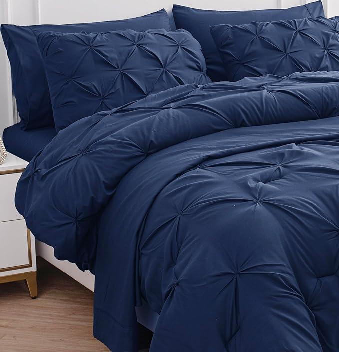 Lane Linen King Size Comforter Set, 7 Piece Bedding King Size, Pintuck King Bed in a Bag Set, Soft King Size Bed Set, Pinch Pleated King Size Comforter Set with Sheets, Pillowcases & Shams - Navy Blue