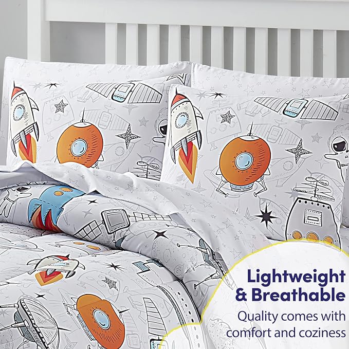 Kids Bedding Set Bed in a Bag for Boys and Girls Toddlers Printed Sheet Set and Comforter , Twin, Floating in Space