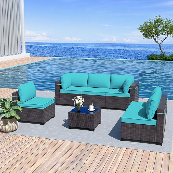 Outdoor Furniture Set 7PCS Patio Furniture for Backyard Wicker Sectional Sofa Set 6 Seats, PE Rattan Outdoor Conversation Set with Thickened Cushions and Glass Coffee Table, Blue