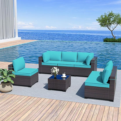 Outdoor Furniture Set 7PCS Patio Furniture for Backyard Wicker Sectional Sofa Set 6 Seats, PE Rattan Outdoor Conversation Set with Thickened Cushions and Glass Coffee Table, Blue