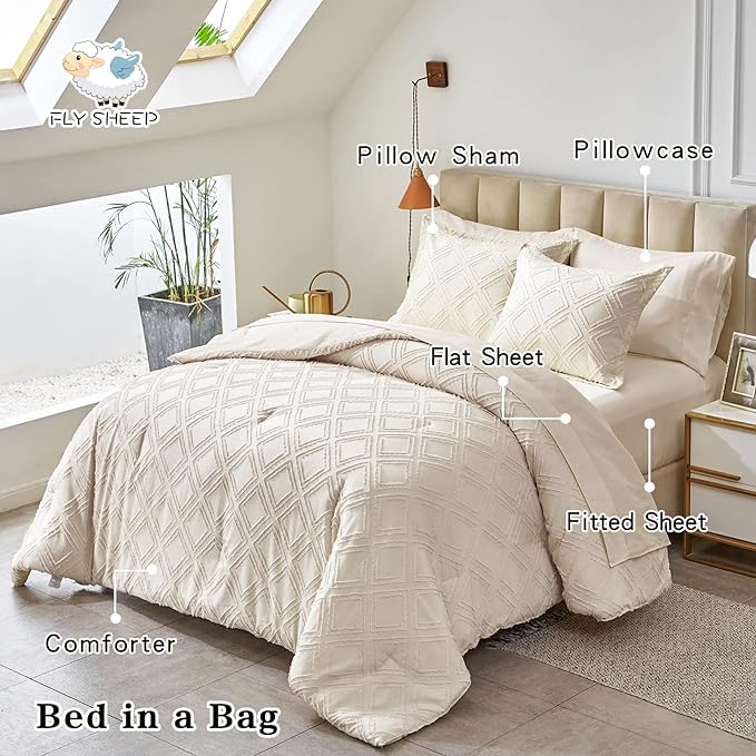 7 Pieces Tufted Bed in a Bag Queen Comforter Set with Sheets Beige, Soft and Embroidery Shabby Chic Boho Bohemian, Luxury Solid Color with Diamond Pattern, Jacquard Tufts Bedding Set for All Season