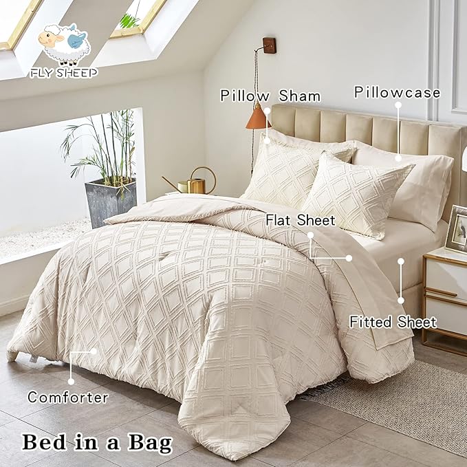6 Pieces Tufted Bed in a Bag Twin Comforter Set with Sheets Beige, Soft and Embroidery Shabby Chic Boho Bohemian Design, Luxury Solid Color with Diamond Pattern, Jacquard Tufts Bedding Set for Kids