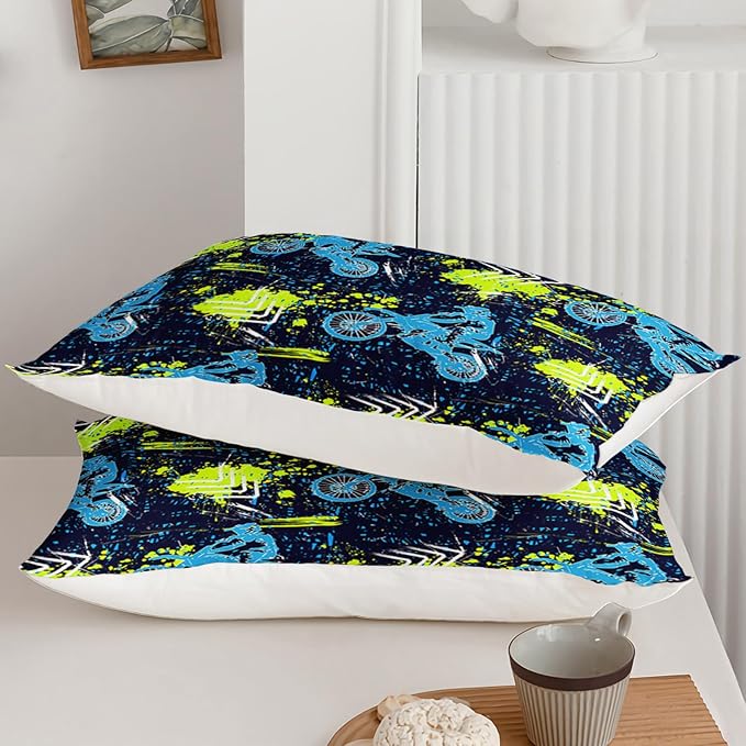 Axolotl Boys Dirt Bike Bedding Set Queen,Dirt Bike Comforter Set,Extreme Sports Tie Dye Bedding Set Motor Biker,Motocross Rider Comforter Set for Boys Kids Teens Men,1 Quilt 2 Pillowcases,Blue Green