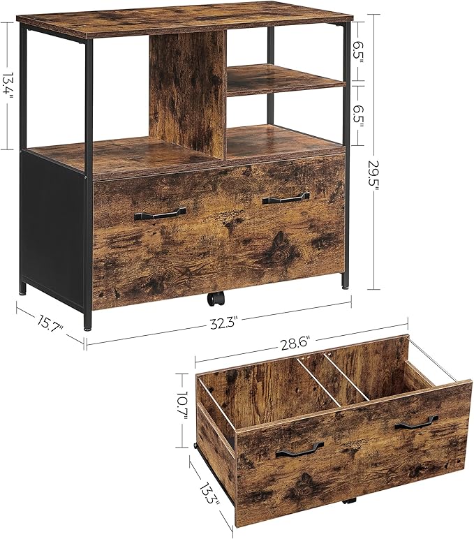 VASAGLE Lateral File Cabinet with Open Shelves and Drawer, for A4, Letter and Legal Sized Documents, Printer Stand, Rustic Brown + Black